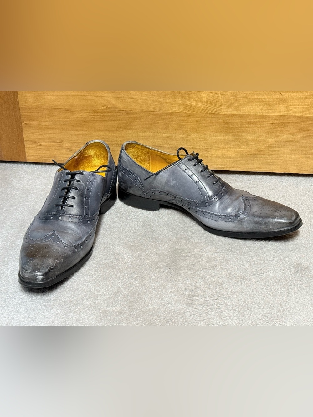 Undandy Handmade Luxury Grey Black patina Leather Wing Tip Brogue Oxford 10.5 - Picture 2 of 11